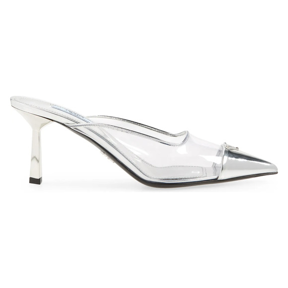 Prada Modellerie Clear PVC Silver Backless Pointed Sandal Mule Heel Pump 37.5 - Picture 3 of 12